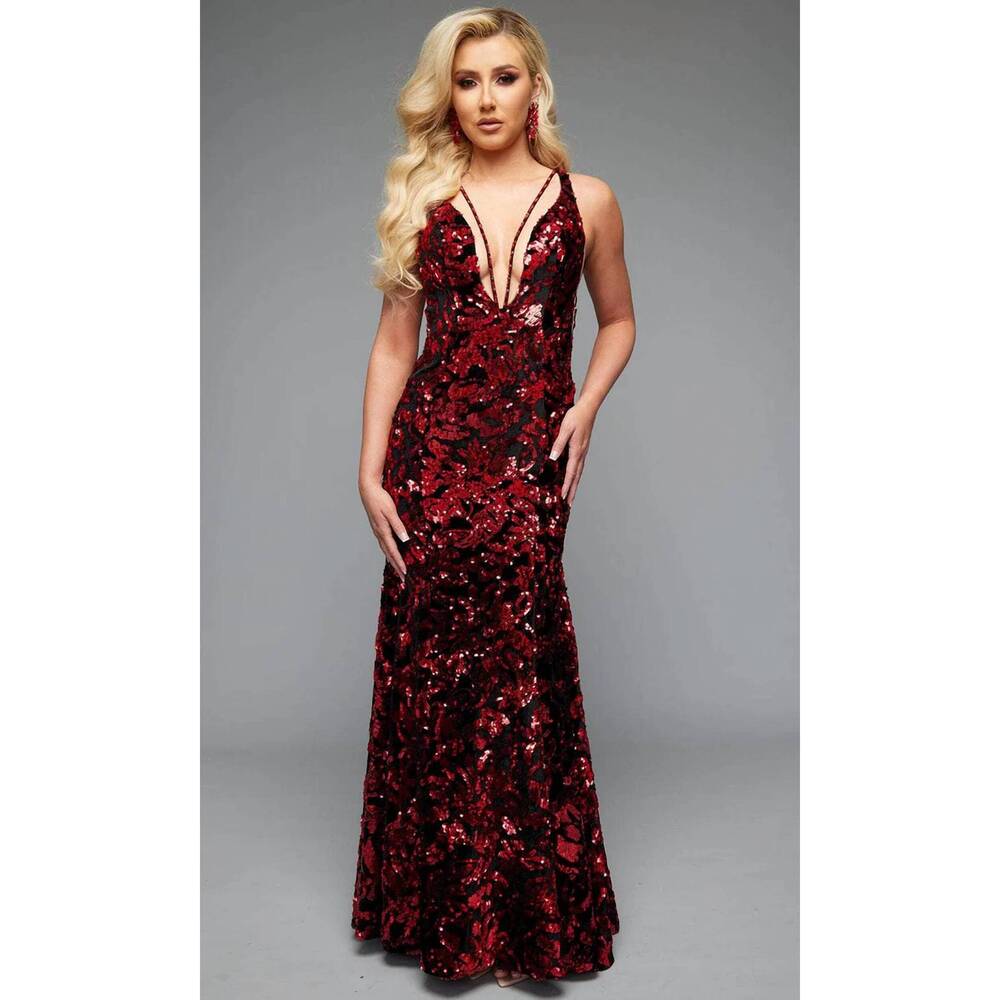 NEW JASZ COUTURE sheer side beaded gown in black/red